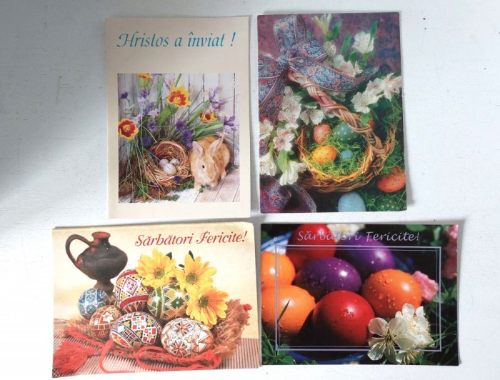 Lot 4 felicitari vechi, anii 90, de Pasti, Romania, scrise