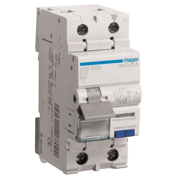 Siguranta diferential RCBO 10A 1P+N 10mA 6Ka B tip A Hager ACS910D