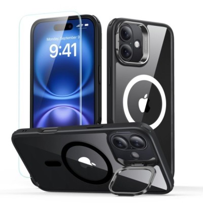 Husa pentru iPhone 16 Plus + Folie - ESR Classic Hybrid HaloLock Kickstand - Clear Black foto