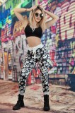 U659RR-1122 Pantaloni casual cu print alb-negru, model cranii