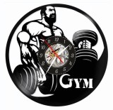 Ceas de perete din disc vinil, Tematică GYM / Culturism, Design Bodybuilding cu Culturist și Ganteră, Negru, 30 cm