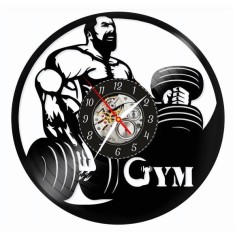 Ceas de perete din disc vinil, Tematică GYM / Culturism, Design Bodybuilding cu Culturist și Ganteră, Negru, 30 cm