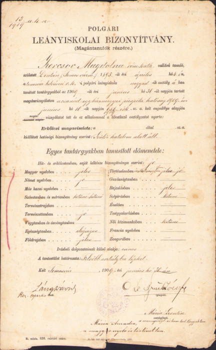 HST A1831 Certificat școlar 1909 Timișoara
