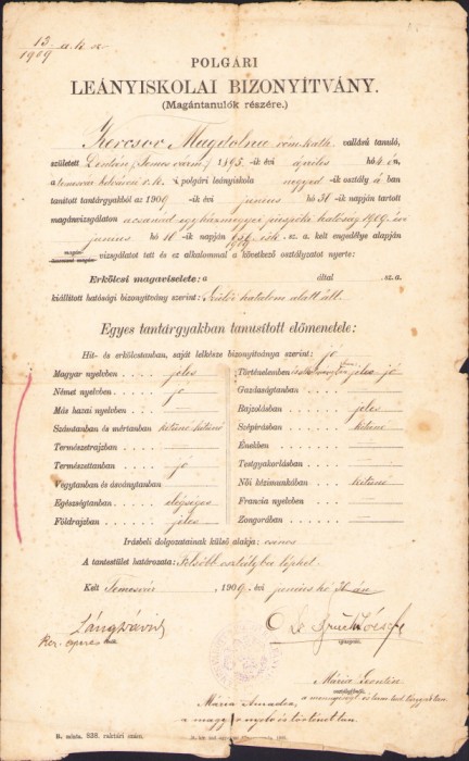 HST A1831 Certificat școlar 1909 Timișoara