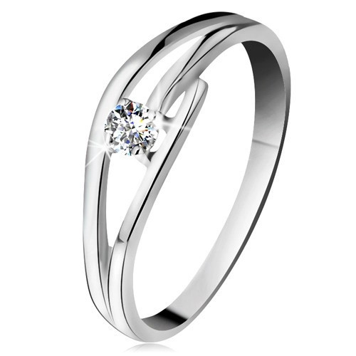 Inel din aur alb 585 cu diamant strălucitor, brațe despicate și ondulate - Marime inel: 63