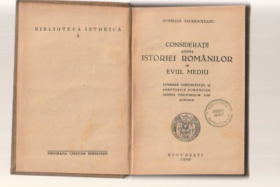 AURELIAN SACERDOTEANU - COSIDERATII ASUPRA ISTORIEI ROMANILOR IN EVUL MEDIU 1936 foto