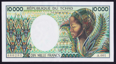 Bancnota Ciad 10.000 Franci (1984) - P12a aUNC ( serie A001) foto