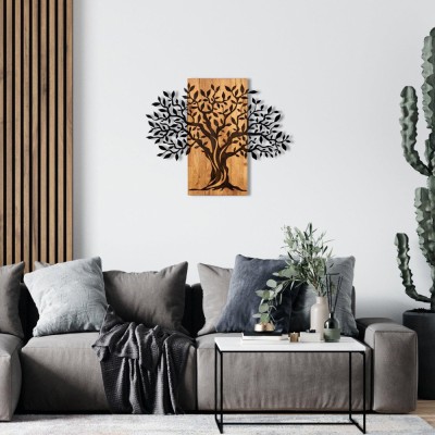 Decoratiune de perete lemn Copacul Familia, Negru, 72 x 58 x 3 cm foto