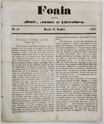 FOAIA PENTRU MINTE , INIMA SI LITERATURA , No. 43 , MIERCURI 21 NOIEMBRIE , 1862 foto