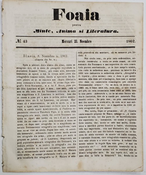 FOAIA PENTRU MINTE , INIMA SI LITERATURA , No. 43 , MIERCURI 21 NOIEMBRIE , 1862