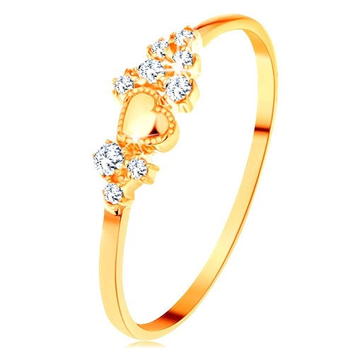 Inel din aur galben de 14K - zirconii micuțe transparente și inimă lucioasă proeminentă - Marime inel: 54
