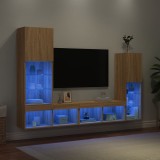 vidaXL Unități de perete TV cu LED-uri, 4 piese, stejar sonoma, lemn