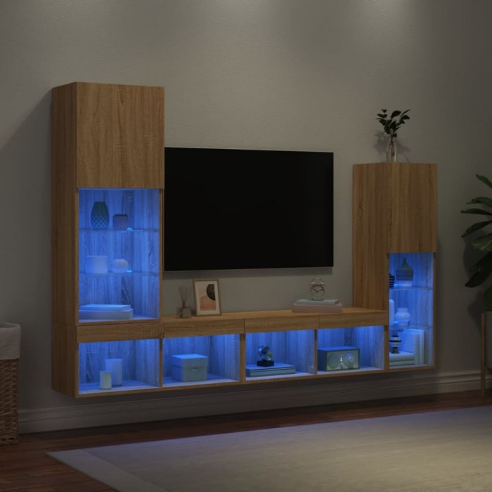 vidaXL Unități de perete TV cu LED-uri, 4 piese, stejar sonoma, lemn