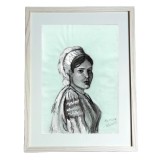 G11. Grafica in carbune pe hartie simpla, Taranca in costum national, inramat,A4, Portrete, Realism