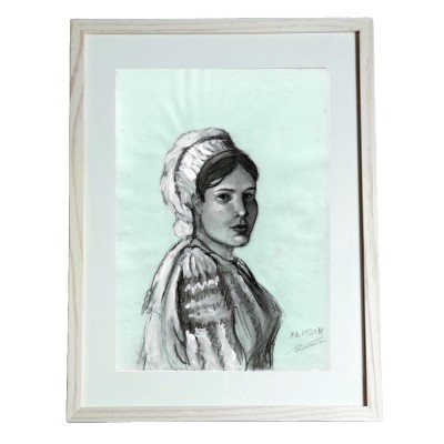 G11. Grafica in carbune pe hartie simpla, Taranca in costum national, inramat,A4 foto