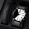 Set Cadou Barbati Ceas Geneva Quartz, Bratara Piele Eco Neagra, Cutie Cadou, Elegant, Casual, Business, Curea Otel Inoxidabil