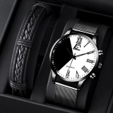 Cumpara ieftin Set Cadou Barbati Ceas Geneva Quartz, Bratara Piele Eco Neagra, Cutie Cadou, Elegant, Casual, Business, Curea Otel Inoxidabil