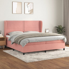 vidaXL Pat box spring cu saltea, roz, 200x200 cm, catifea