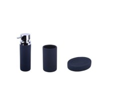 Set 3 accesorii pentru baie format din savoniera, dozator sapun si pahar igiena dentara, Ceramica cauciucata, Negru