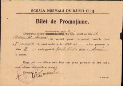 HST A1371 Bilet de promoțiune 1923 Școala normală băieți Cluj foto