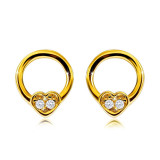 Cercei din aur galben 585 - contur cerc cu o inimă mică, diamante strălucitoare, rotunde