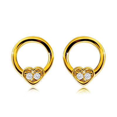 Cercei din aur galben 585 - contur cerc cu o inimă mică, diamante strălucitoare, rotunde foto