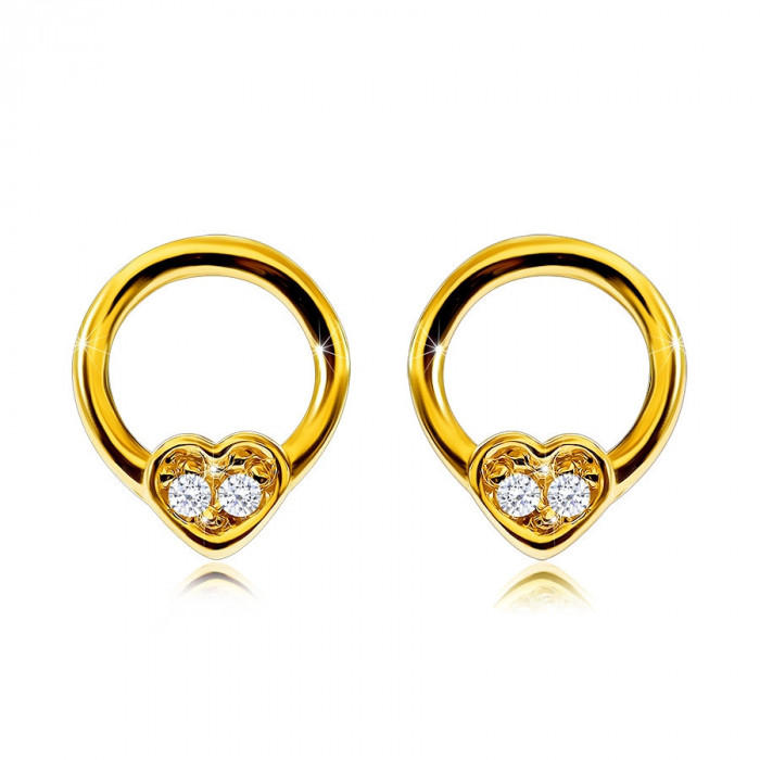 Cercei din aur galben de 9K - cerc &icirc;ngust cu o inimă mică, diamante rotunde