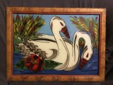 arta / design / vintage - Pictura pe sticla arta naiva Lebede pe apa - rama din lemn !