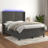 vidaXL Pat cu arcuri, saltea și LED, gri &icirc;nchis, 140x190 cm, catifea