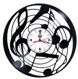 Ceas de perete decorativ realizat din disc de vinil, Model Muzica Cheia Sol Portativ Casti Audio Note Muzicale, Negru, 30 cm