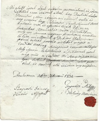 A3029N Locuitorul rom&amp;acirc;n Achim Man din Borcut, Maramureș, &amp;icirc;mprumut, 1832, Borcut, act cu sigiliu &amp;icirc;n ceară roșie foto