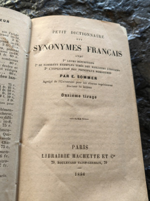 Dictionar francez de sinonime Sulutiu Carpeniseanu,1886, Paris,390 pag, cartonat foto