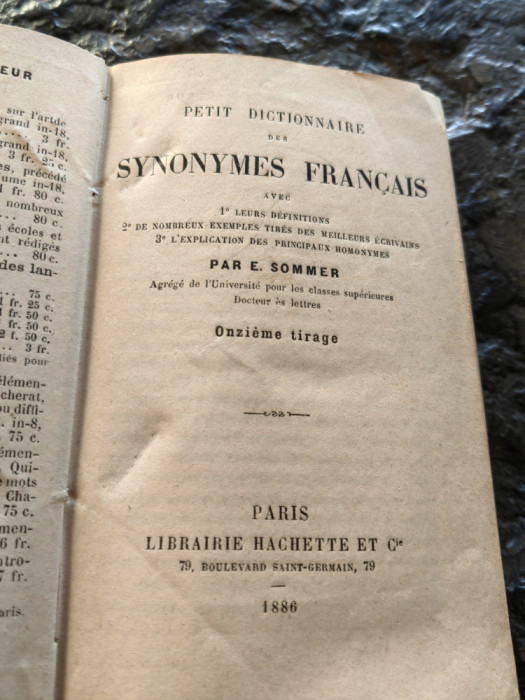 Dictionar francez de sinonime Sulutiu Carpeniseanu,1886, Paris,390 pag, cartonat