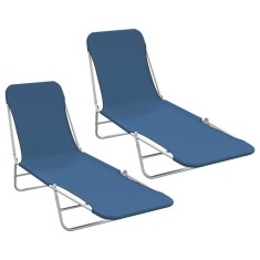 vidaXL Șezlonguri de plajă pliabile, 2 buc., albastru, oțel &amp; textil