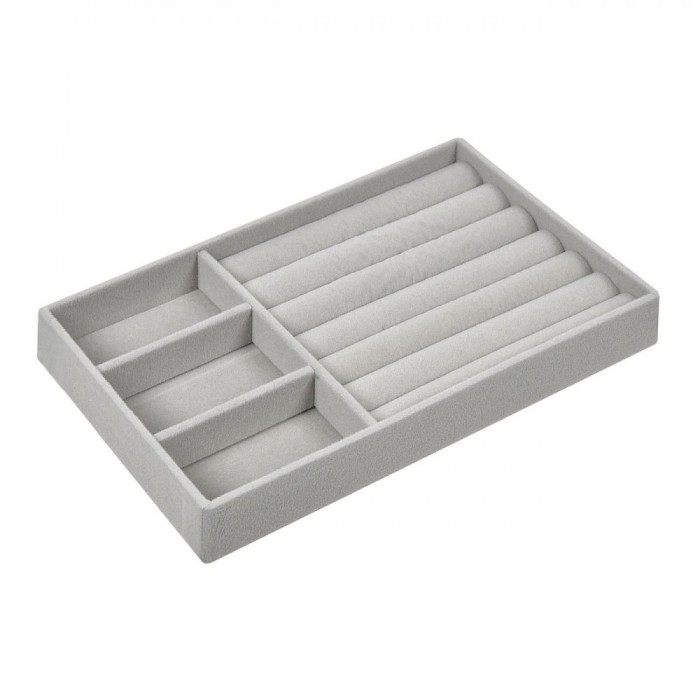 Organizator Bijuterii, Model Suport Compartimentat, Gri, Dimensiuni 21x12.5cm, Textura Piele de Căprioară