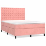 Cumpara ieftin Pat box spring cu saltea, roz, 140x190 cm, catifea
