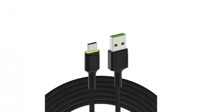 Green Cell Ray Cablu USB de date și &icirc;ncărcare - USB-C 200cm cu LED-uri verzi de iluminat Ultra Charge &icirc;ncărcare rapidă suport QC 3.0