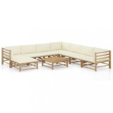 Cumpara ieftin Set mobilier gradina bambus Gossi, 9 piese, perne alb crem, canapea, taburet, masa, exterior