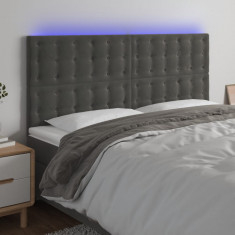 vidaXL Tablie de pat cu LED, gri inchis, 160x5x118/128 cm, catifea foto