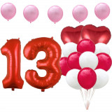 Cumpara ieftin Set de 17 baloane pentru aniversarea de 13 de ani, cu 15 baloane din latex roz, albe si rosii si 2 baloane inimioara din folie, ideal pentru o petrece