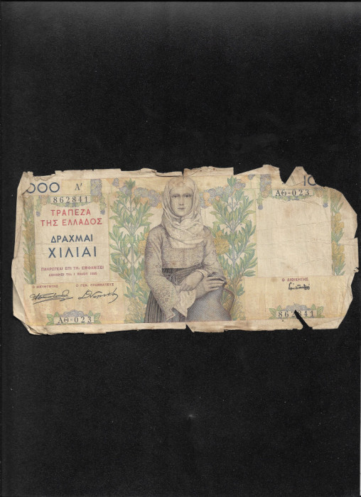 Grecia 1000 drahme drachmai 1935 seria862841 uzata bucati lipsa