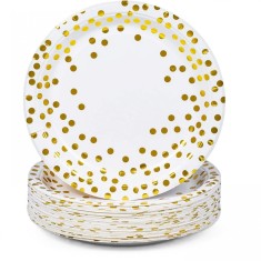 Set 10 Farfurii Unica Folosinta, Cyrax, Imprimeu cu Buline, din Carton, Diametru 23 cm, Alb/Auriu