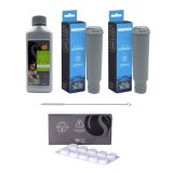 Set complet pentru intretinerea esspresoarelor Krups, Siemens, Bosch, 2 filtre apa compatibil F088, TCZ6003, TZ60003, solutie decalcifiere, 10 tablete