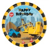 Set Farfurii Petrecere, Model Vehicule de șantier, Mesaj Happy Birthday, Bleu/ Galben, 10 Bucăți, Oem