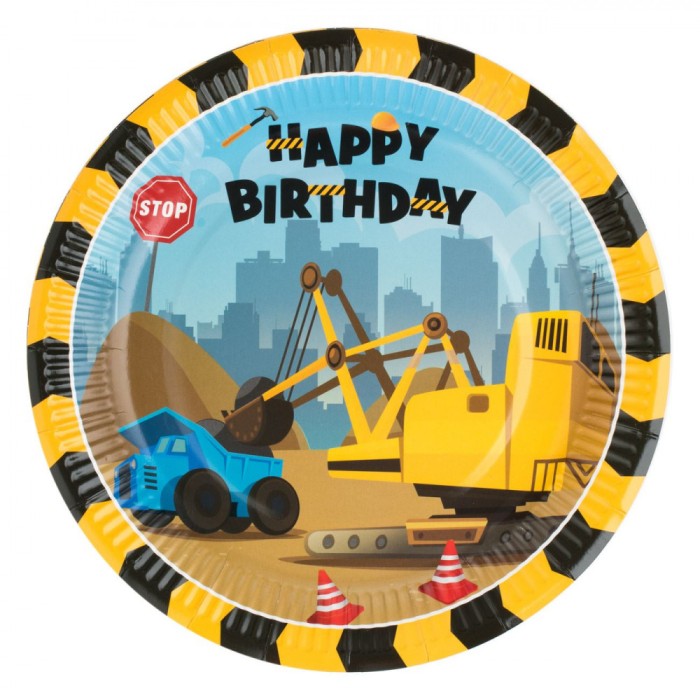 Set Farfurii Petrecere, Model Vehicule de șantier, Mesaj Happy Birthday, Bleu/ Galben, 10 Bucăți