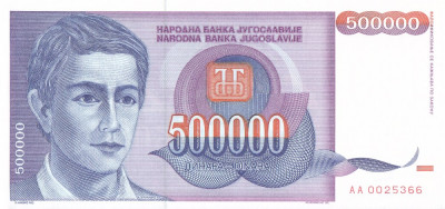 Bancnota Iugoslavia 500.000 Dinari 1993 - P119 UNC foto