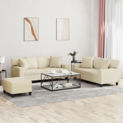 vidaXL Set de canapele cu perne, 3 piese, crem, piele ecologică foto