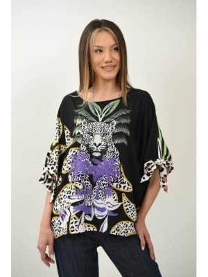 BLUZA CU MANECA SCURTA OVERSIZE JUNGLE MULTICOLORA TALIE UNICA Multicolora foto