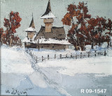 Tablou pictura Aurel Dan, membru U.A.P., ulei pe panza, Biserica din deal, Religie, Realism