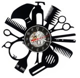 Ceas de perete decorativ realizat din disc de vinil, Model Salon Coafura si Frizerie, Foarfece, Piepteni si Uscator de Par, Negru Premium, 30 cm